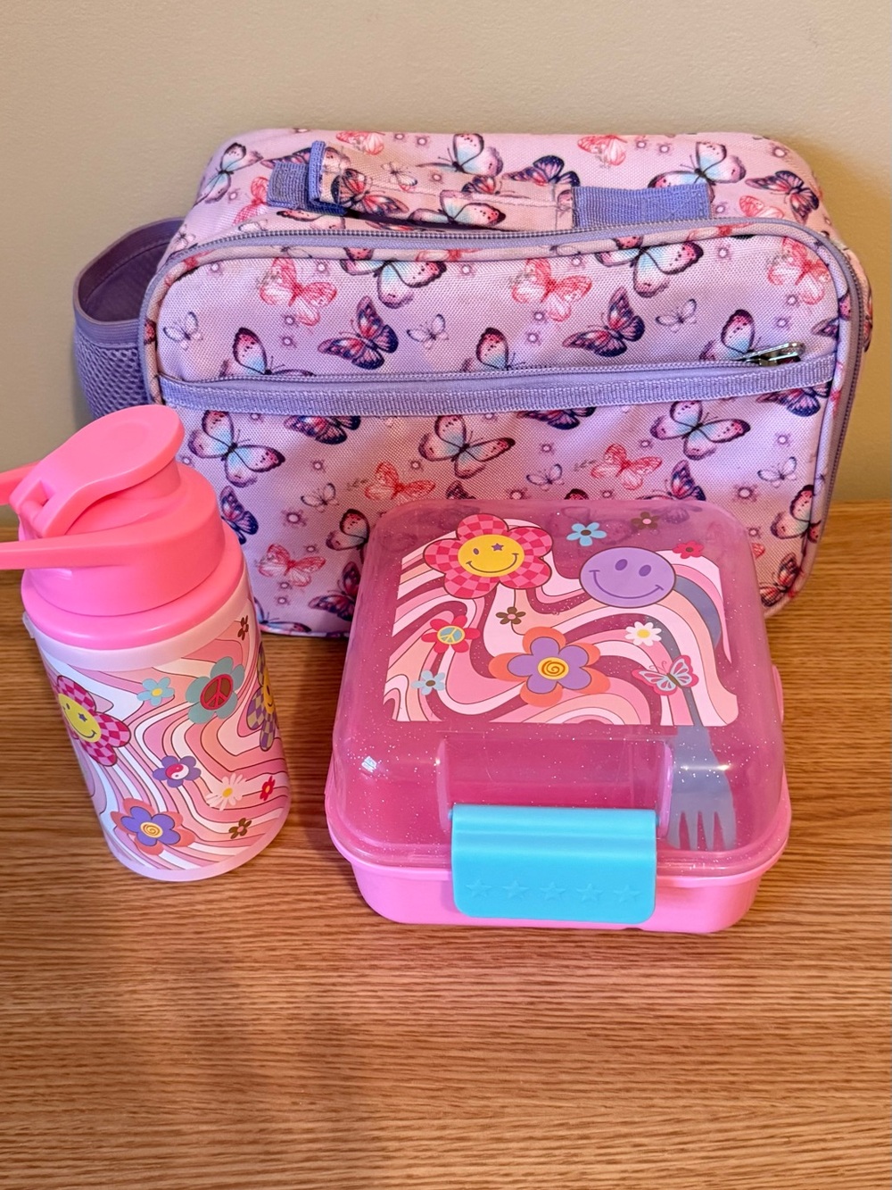 Kids Pink Butterfly Lunch Bag, Bottle & Snack Box Set